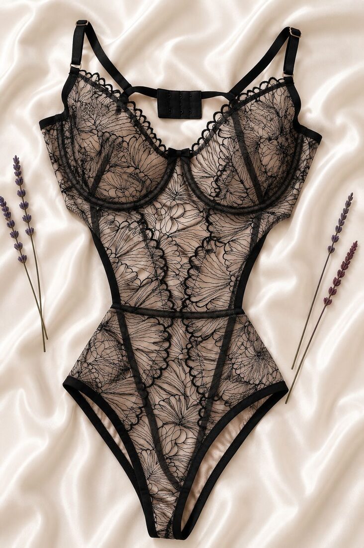 Dantelli Brode Balenli Transparan Bodysuit